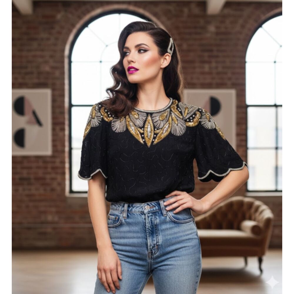 Vintage Denise Elle Silk‎ Beaded Sequin Black Top Size XL